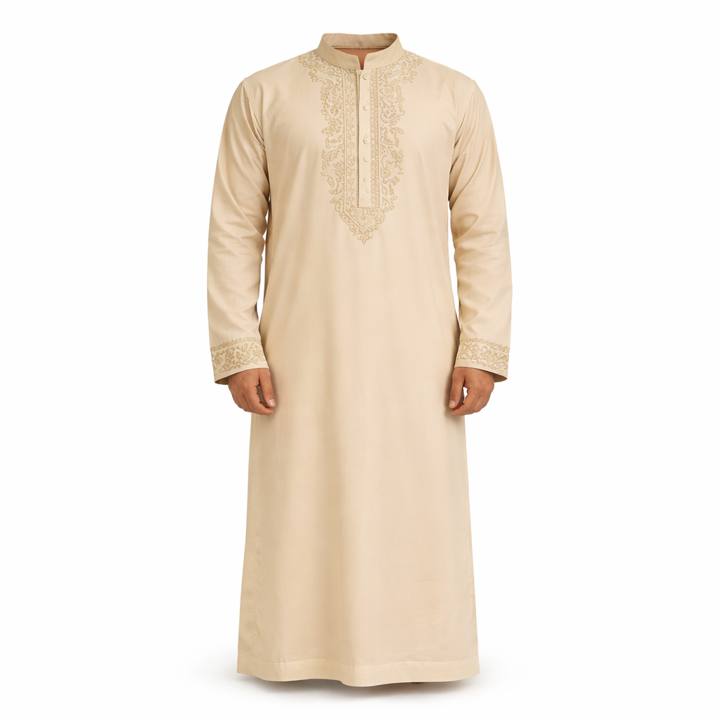 Elegent Beidge Thobe with intricate embroidery